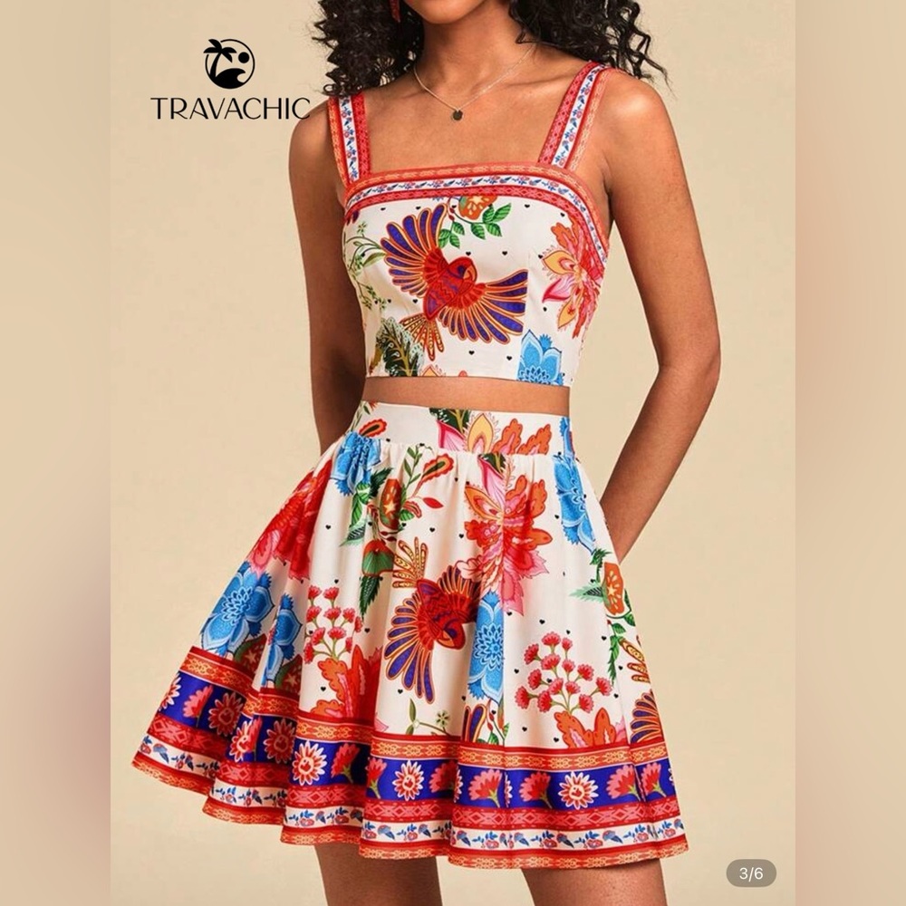 Floral Bird Two-Piece Crop Top & Skirt - White Multi size small